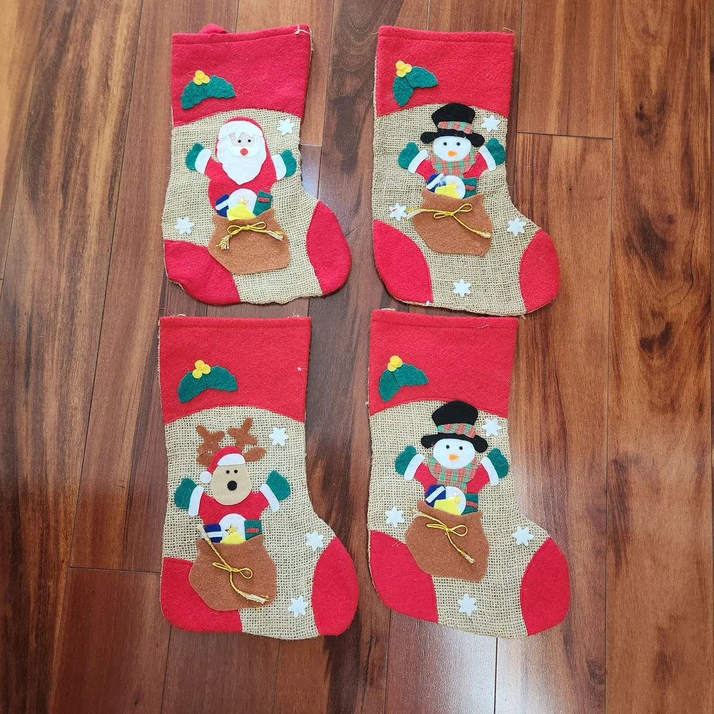 Set of 4 Burlap with Felt Applique Christmas Stockings